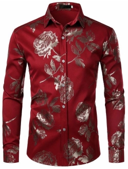 Men's Geek Rose Gold Shiny Flowered Printed Stylish Slim Fit Long Sleeve Button Down Shirt