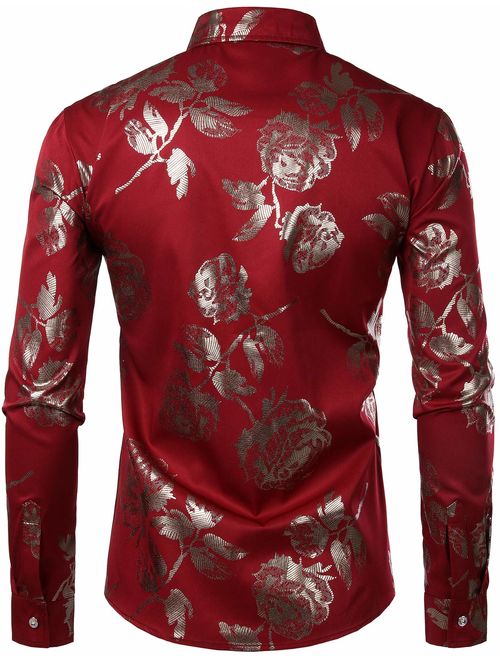 ZEROYAA Men's Geek Rose Gold Shiny Flowered Printed Stylish Slim Fit Long Sleeve Button Down Shirt