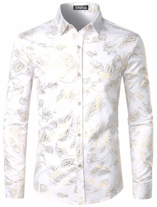 ZEROYAA Men's Geek Rose Gold Shiny Flowered Printed Stylish Slim Fit Long Sleeve Button Down Shirt