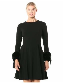 Women's Long Sleeve Fit and Flare Dress with Faux Fur Trim