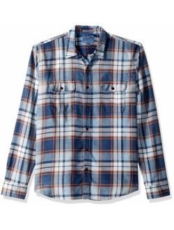 Men's Casual Long Sleeve Indigo Plaid Workwear Button Down Shirt