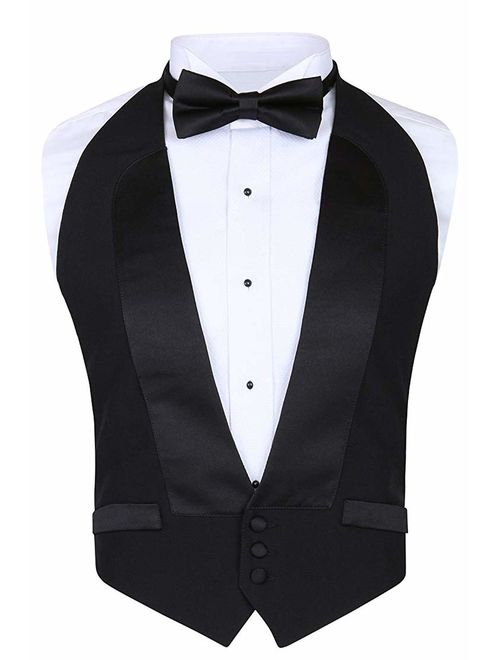Men's Classic Formal 100% Wool Black Backless Tuxedo Vest Includes Bow Tie