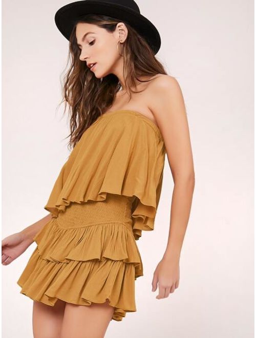 Strapless Tiered Layer Open Back Smocked Romper