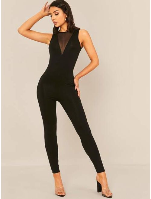 Shein Mesh Insert Form Fitted Sleeveless Jumpsuit