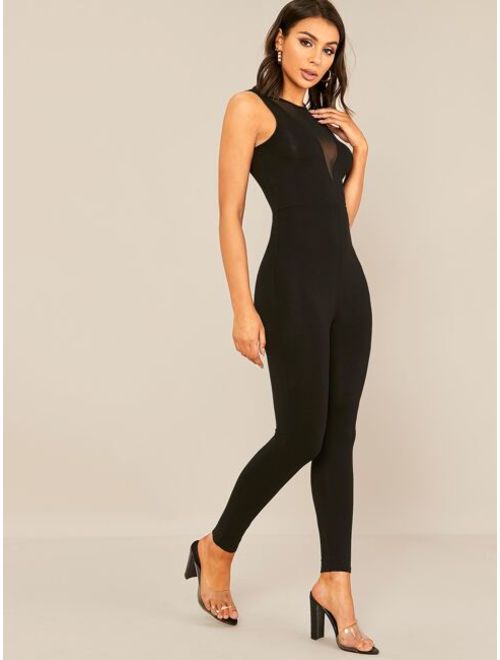 Shein Mesh Insert Form Fitted Sleeveless Jumpsuit