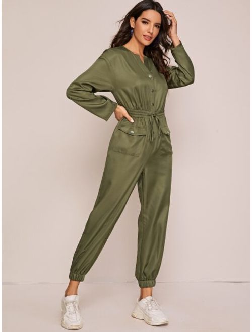 Shein Single Breasted Flap Pocket Front Jumpsuit