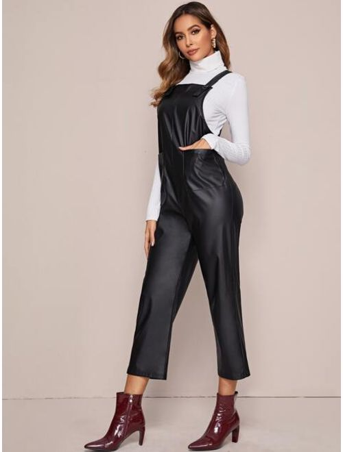 Shein Pocket Front Faux Leather Pinafore Jumpsuit