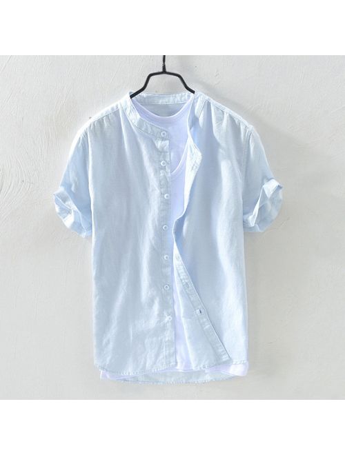 matoen Men's Baggy Cotton Linen Solid Short Sleeve Button Retro T Shirts Tops Blouse