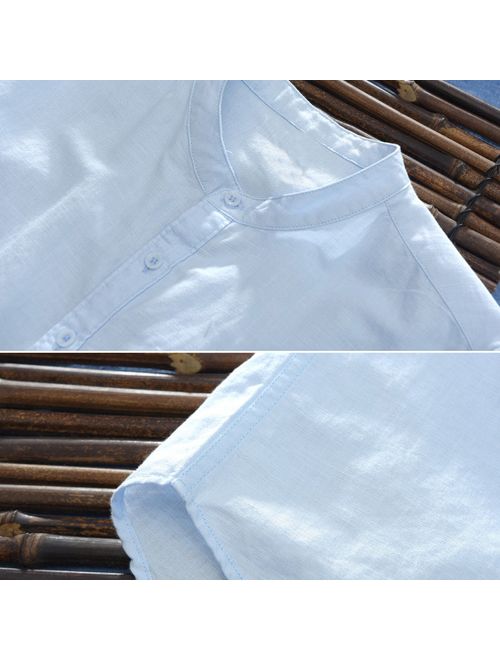 matoen Men's Baggy Cotton Linen Solid Short Sleeve Button Retro T Shirts Tops Blouse