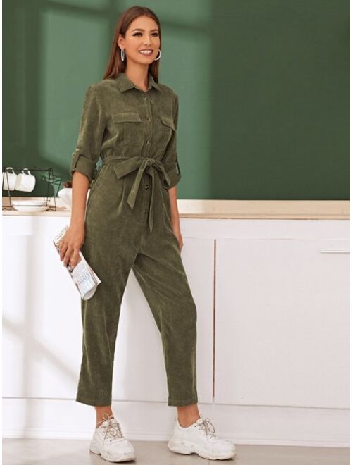 Shein Flap Pocket Front Roll Tab Sleeve Cord Utility Jumpsuit