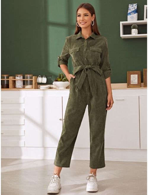 Shein Flap Pocket Front Roll Tab Sleeve Cord Utility Jumpsuit