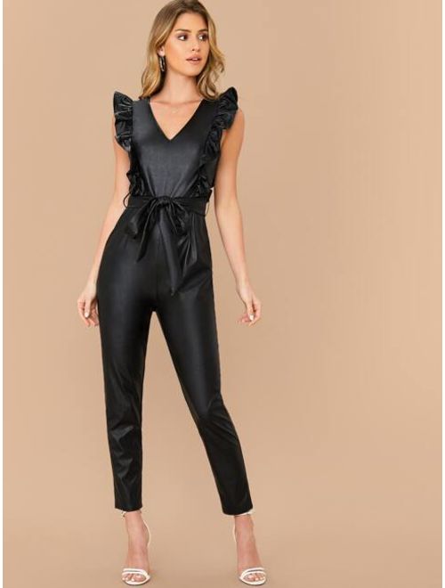 Shein Ruffle Trim Faux Leather Belted Jumpsuit