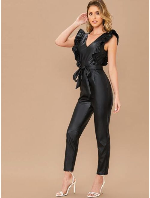 Shein Ruffle Trim Faux Leather Belted Jumpsuit