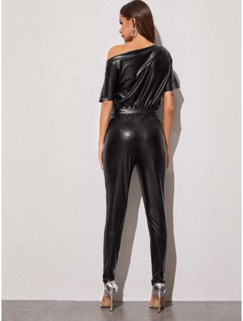 Shein Asymmetrical Neck Self Belted PU Leather Jumpsuit