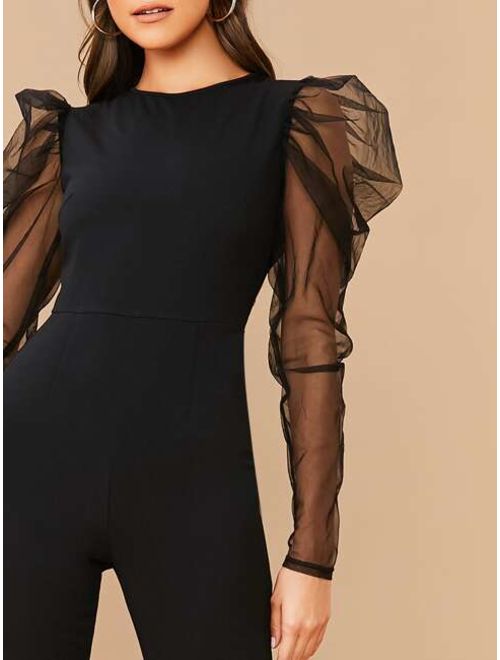 Shein Sheer Mesh Gigot Sleeve Form Fitted Jumpsuit