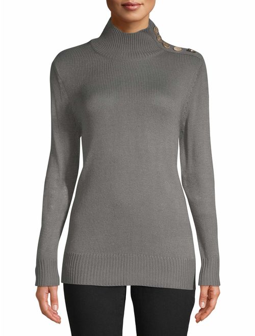 Per Se Women's Shoulder Button Mock Neck Sweater