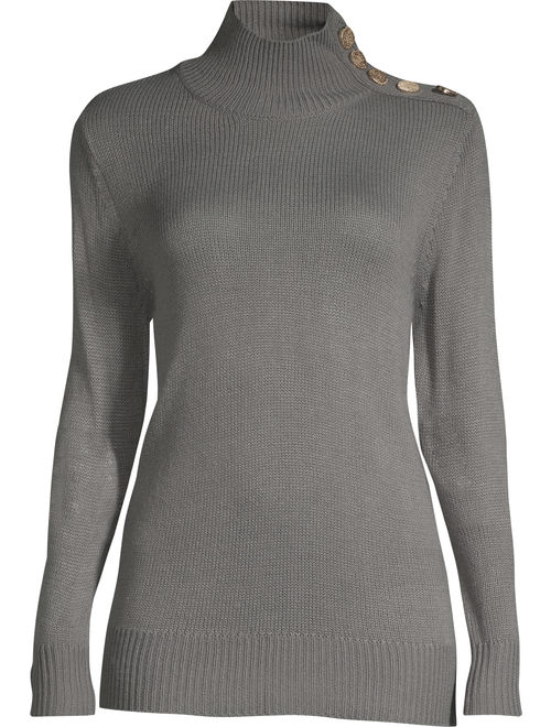 Per Se Women's Shoulder Button Mock Neck Sweater