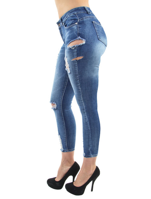 Women's Juniors, Destroyed Ripped, Butt Lift, Push Up, Mid Waist, Skinny Jeans