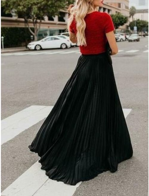 Meihuida Fashion Women High Waist Chiffon Flared Pleated Long Skirt