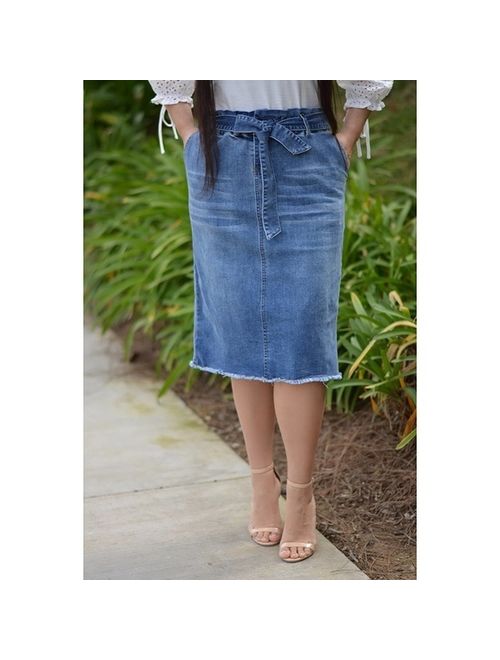 Fashion Ladies Belt Knee Length Denim One-Step Skirt Washed Jean Pencil Dress