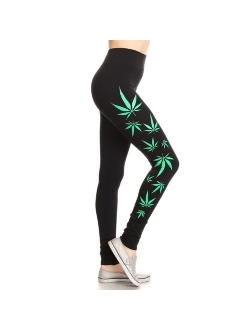 Extra Soft Capri Leggings with High Wast, "Marijuana Leaf & 420", Black / Green