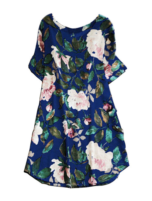 Short Sleeve Dress for Women Midi Dress Floral Print Summer Boho Casual Prom Party Loose Tunic Shirt Top
