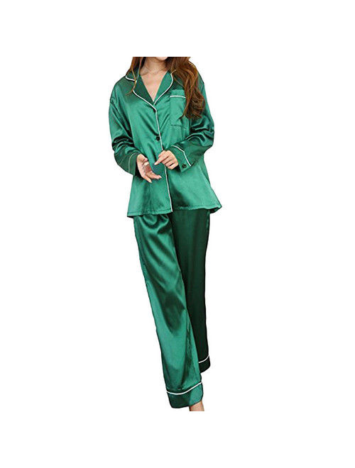 Hirigin Women Autumn Casual Ladies Solid Long Sleeve Sleepwear Nightwear Homewear Pajamas Set Green Size M