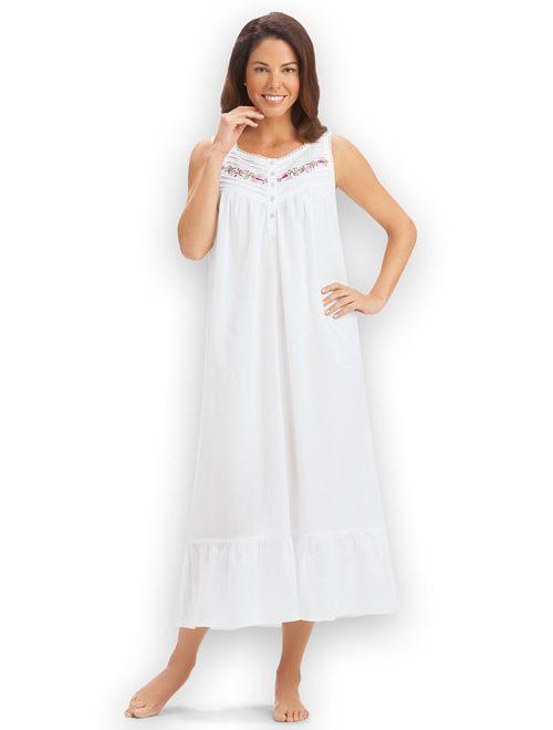 Embroidered Sleeveless Cotton Nightgown with Flounce Hem