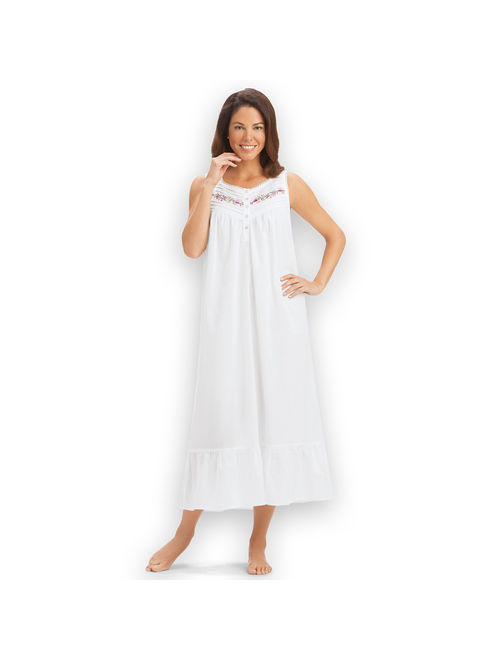 Embroidered Sleeveless Cotton Nightgown with Flounce Hem