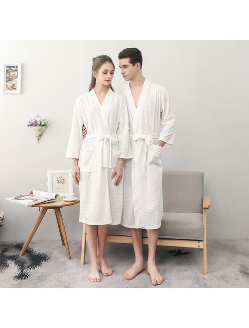 Bath Robe for Women & Men, Uarter Waffle Weave Bathrobe Couple Bath Robes Practical Night-robe for Spring and Summer, White, XXXL