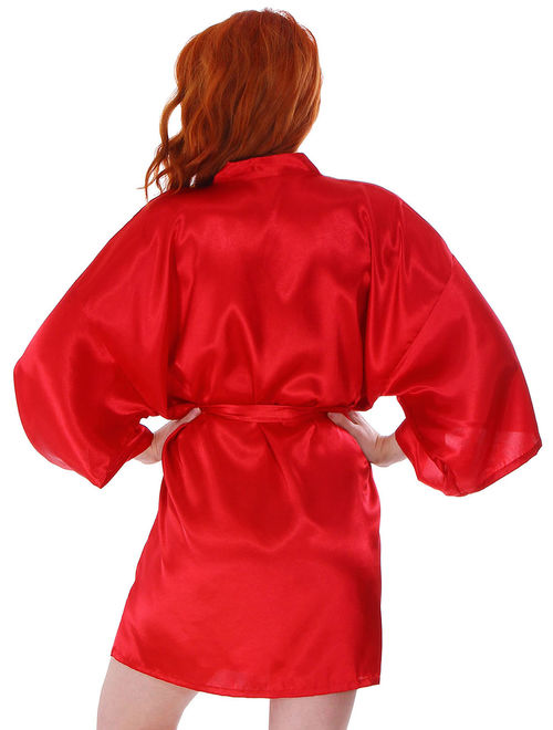 Women's Lightweight Short Classic Silk Satin Bridal Lounge Robe Bathrobe, Red