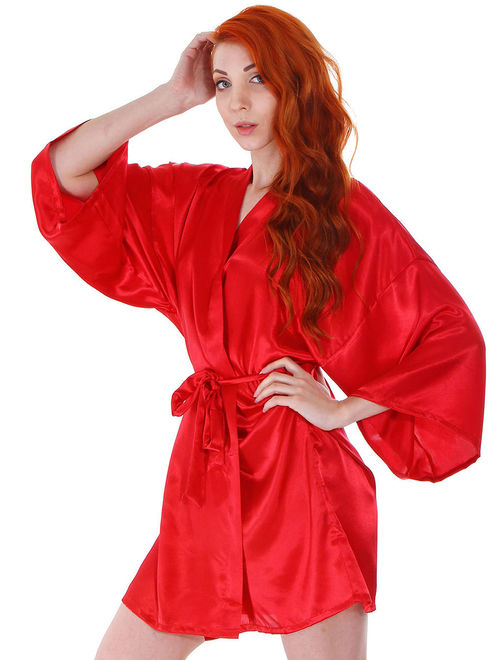 Women's Lightweight Short Classic Silk Satin Bridal Lounge Robe Bathrobe, Red