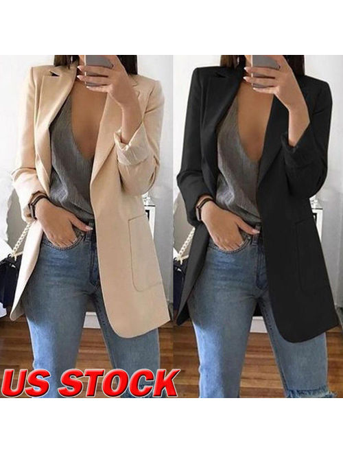 Hirigin Women Slim Casual Blazer Jacket Top Outwear Long Sleeve Career Formal Long Coat