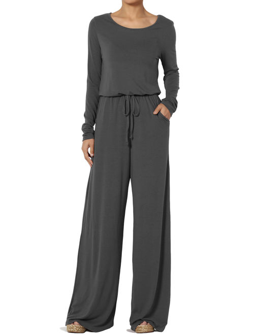 TheMogan Women's S~3X TALL Long Sleeve Elastic Waist Jersey Lounge Wide Leg Jumpsuit
