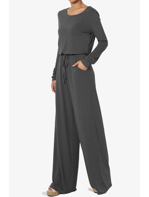TheMogan Women's S~3X TALL Long Sleeve Elastic Waist Jersey Lounge Wide Leg Jumpsuit