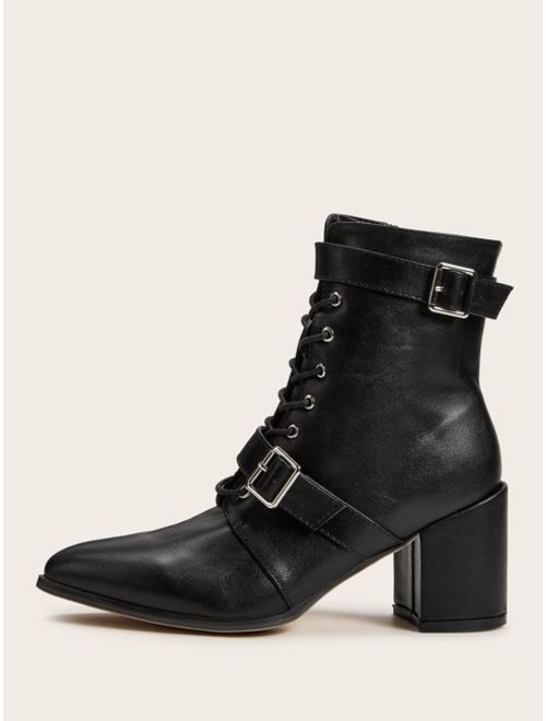 Lace-up Front Buckle Decor Chunky Boots