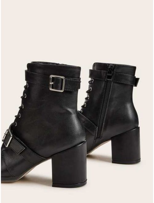 Lace-up Front Buckle Decor Chunky Boots