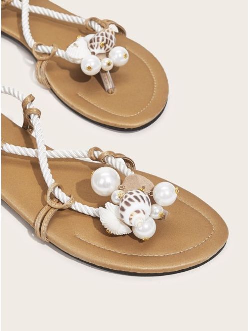 Faux Pearl Decor Cross Strap Sandals