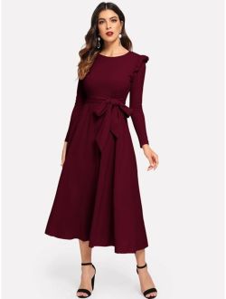 Solid Ruffle Trim Belted Flare Dress
