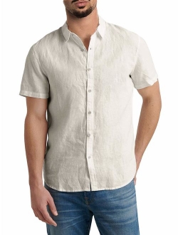 Mens Button Down Shirts Casual Short Sleeve Linen Tops Cotton Lightweight Fishing Tees Spread Collar Plain Shirt