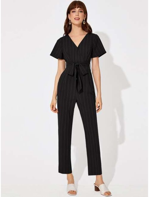 Shein Belted Wrap Striped Jumpsuit