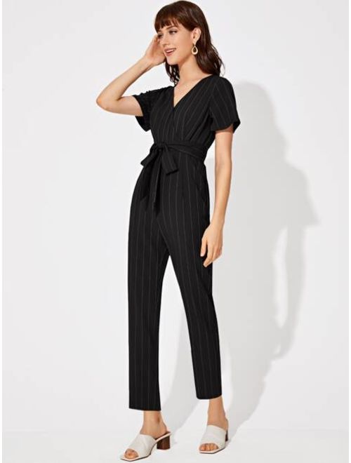 Shein Belted Wrap Striped Jumpsuit