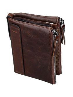 Men's RFID Blocking Genuine Crazy Horse Leather ID Window and Coin Pocket Zipper Bifold Wallet