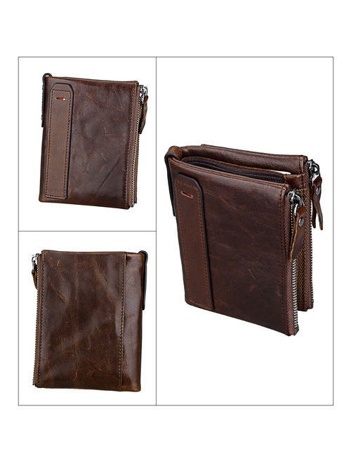 Men's RFID Blocking Genuine Crazy Horse Leather ID Window and Coin Pocket Zipper Bifold Wallet
