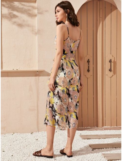 Shein Ruffle Trim Self Belted Floral Print Capri Slip Jumpsuit
