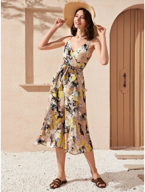 Shein Ruffle Trim Self Belted Floral Print Capri Slip Jumpsuit