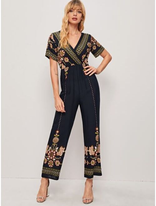Floral Embroidered Surplice Front Jumpsuit