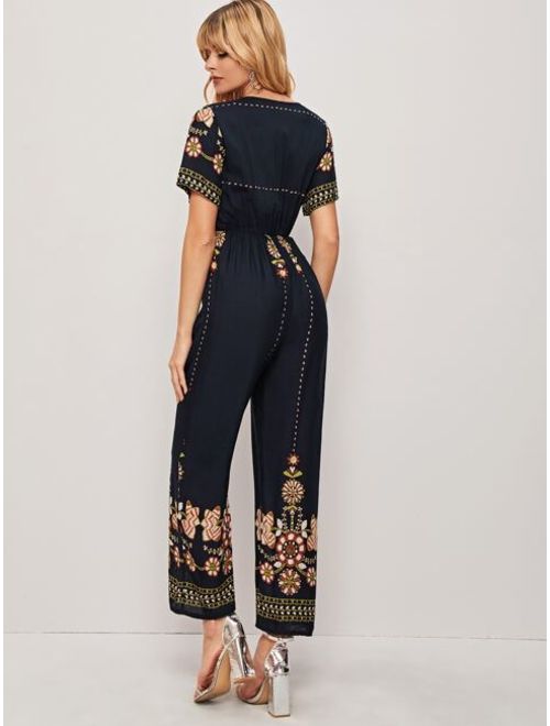 Floral Embroidered Surplice Front Jumpsuit