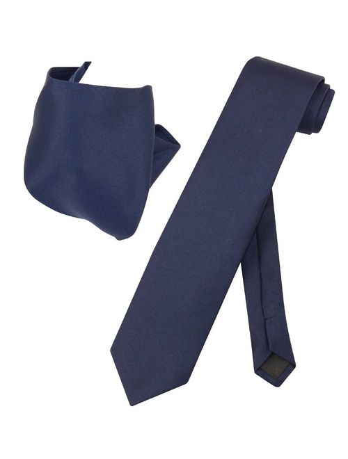 Vesuvio Napoli Solid EXTRA LONG NAVY BLUE NeckTie Handkerchief Mens Neck Tie Set