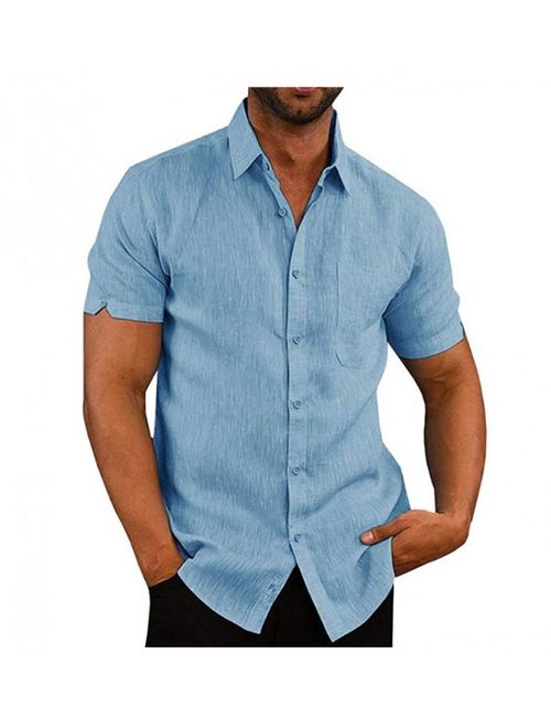 Mens Short Sleeve Linen Cotton Shirts Solid Color Spread Collar Fishing Tees Button Down Shirts